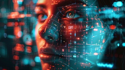 Fototapete - A close-up image of a persons face covered in a vibrant digital overlay, representing the concept of facial recognition technology. Generative AI