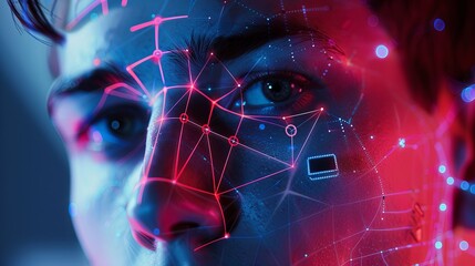 Fototapete - Close-up of a persons face with a glowing neon grid overlay, showcasing a facial recognition system in action. Generative AI