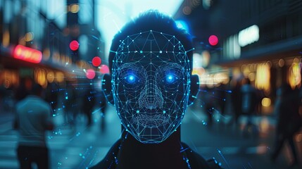Fototapete - A persons face is overlaid with a digital grid, showcasing the technology of facial recognition in a busy city at night. Generative AI