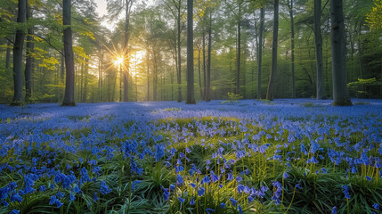 Wall Mural - beautiful blue flower meadow in the forest with sunrays coming through the tree trunks