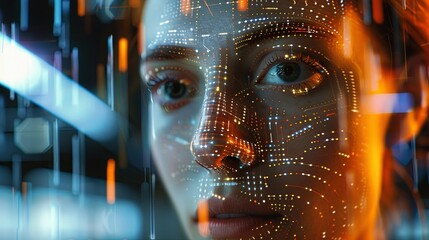 Poster - A close-up view of a persons face, digitally scanned with facial recognition technology, showcasing the complex network of data points used for identification. Generative AI