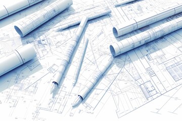 Rolls and pencils with blueprints on a construction plan background, top view. Ai generated