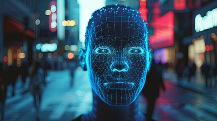 Fototapete - A digital face, constructed from a wireframe grid, emerges from the bustling backdrop of a city at night, representing facial recognition technology. Generative AI