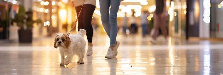 Small dog walking with people in shopping mall, concept of pet-friendly retail and urban lifestyle