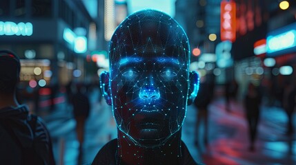 Fototapete - A digital face, rendered in a network of glowing blue lines, stands out in a bustling urban environment. Generative AI
