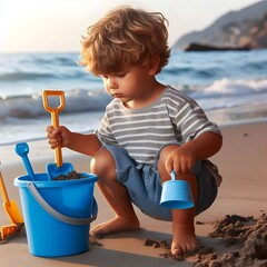 Toddler Boy Plays In The Sand On A Beach At Sunset. Kid playing with shuffle and buckets