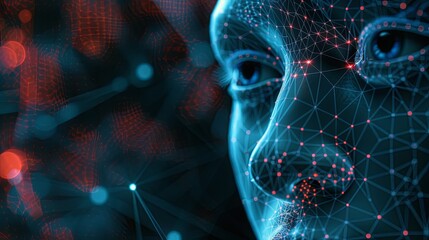 Poster - A close-up of a digital face, rendered in a web of blue lines and glowing red nodes, against a dark background. Generative AI