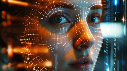 Fototapete - A close-up shot of a persons face being scanned by a facial recognition system. Generative AI