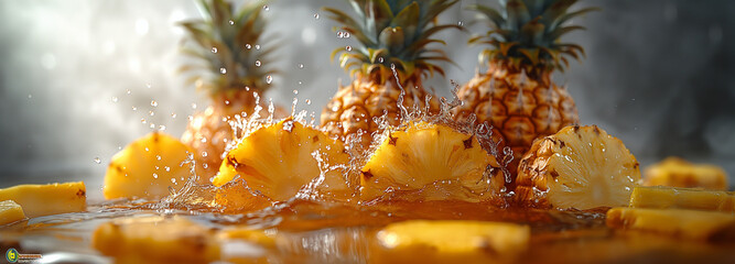Wall Mural - Pineapple slices are falling into a glass of water, creating a splash