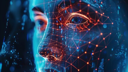 Fototapete - A close-up image of a human face, digitally mapped with a network of red lines and nodes. The image represents the concept of facial recognition technology. Generative AI
