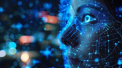 Fototapete - A close-up shot of a persons face, illuminated by a digital grid of blue light, against a backdrop of blurry city lights. Generative AI