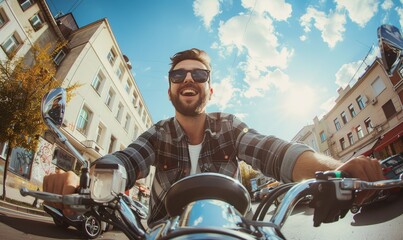 A photo of a young smiling man riding a motorbike in a suburban area
