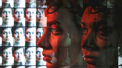 Poster - A close-up view of a digital display showing multiple faces, emphasizing the concept of facial recognition technology. Generative AI