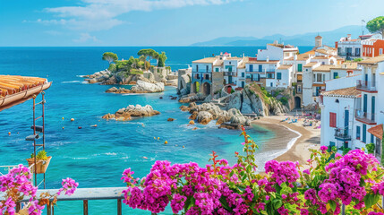 Beautiful balcony in small city by the sea, old houses and flowers in Spanish town in summer. Theme of travel, beach, Spain, mediterranean resort, sky