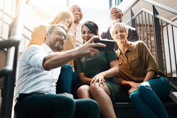 Aufkleber - Group, people and staircase with smile or phone, diversity in office with lens flare. Crowd, international or happiness with mobile technology for company profile picture, team building for employees
