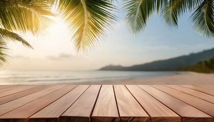 Wall Mural - top of wood table with seascape and palm tree blur bokeh light of calm sea and sky at tropical beach background