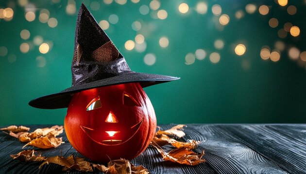 halloween pumpkin with witches hat