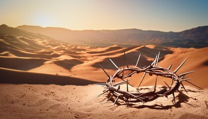 Wall Mural - generative ai illustration of powerful religious easter concept image of crown of thorns in desert arid background landscape