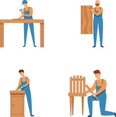 Collection of illustrations featuring carpenters building and repairing wooden furniture