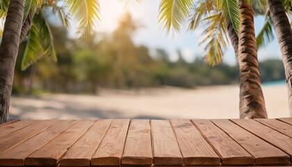 Sticker - empty old wooden table in front of blurred background of sand palm tree and tropical beach background at summer vacation and travel concept with copy space