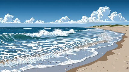 Wall Mural - Stunning Seaside with Rolling Waves, Pristine Sandy Shores, and Vivid Blue Sky Capturing the Essence of Coastal Serenity