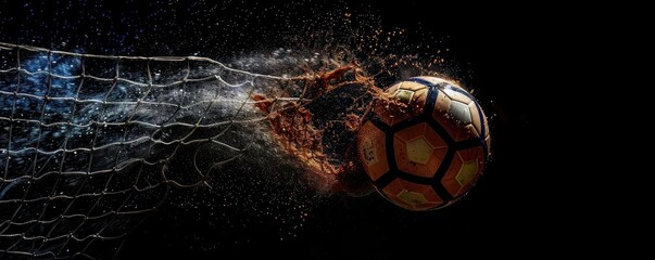 A soccer ball hits the back of the net, surrounded by flying water droplets, capturing the moment of a goal in a dramatic, high-speed action shot