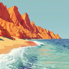 Wall Mural - Digital Artwork of a Serene Beach Landscape with Majestic Rocky Cliffs and Soothing Blue Ocean Waves Under a Clear Sky