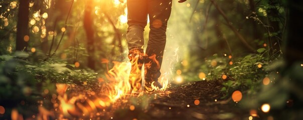 Wall Mural - Person walking through a forest, leaving a trail of fire in their wake, illuminated by sunlight