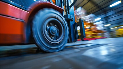 Dynamic Motion CloseUp of Forklift Wheels in Action Blurring Background with Energy and Speed