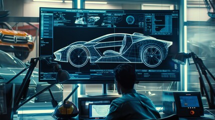 Seated in a stateoftheart lab, an engineer is deeply engrossed in analyzing modern car blueprints and advanced designs on a hightech computer interface, focusing on automotive technology