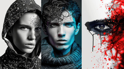 Contemporary fashion magazine cover featuring three models with unique looks and styles. image showcases woman in a hooded jacket, man with blue-toned face and close-up of eye with red paint splatters