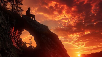 A man gazes out from a rocky perch, his silhouette etched against a fiery sunset. Nature's beauty envelops him.