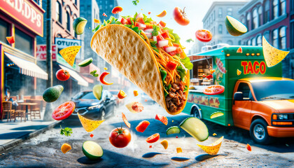 Wall Mural - Traditional Mexican tacos with meat on city street background. Advert tacos