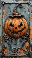 Sticker - Textured pumpkin of Rust on Metal Surface. Happy Halloween.