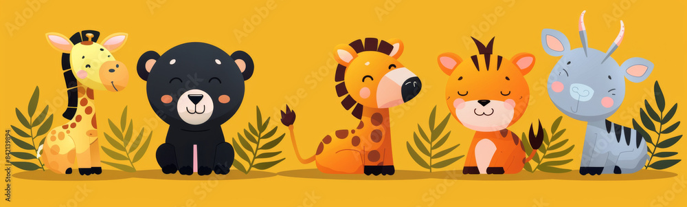 Adorable cartoon safari animals including giraffe, bear, lion, tiger ...