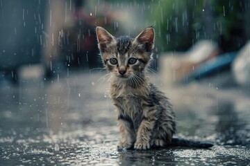 Sad abandoned hungry kitten sitting in the street under rain. Dirty little stray kitty cat outdoors. Pets adoption, shelter, rescue, help for pets, charity, donation