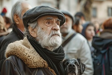 Saint Anthony's blessing of animals. Elderly man accompanied by his dog attend a mass on occasion o Saint Anthony's Day