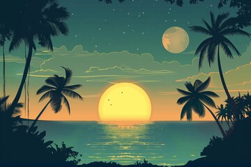 Wall Mural - A vintage-style travel poster featuring a scenic sunset over the ocean, with silhouetted palm trees lining the shore