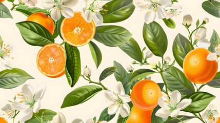 Citrus and Orange Blossom Vintage Retro Style Seamless Pattern
