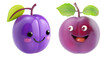 © ChaoticDesignStudio - Two cartoon plum characters with green leaves and playful smiles, cut out