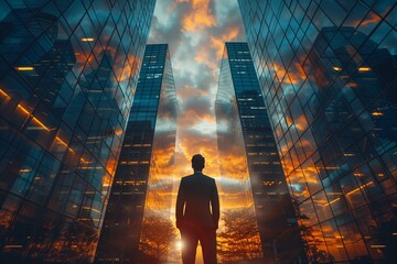Wall Mural - A businessman stands in silhouette between two tall modern buildings, with a dramatic sunset reflected in the glass facade