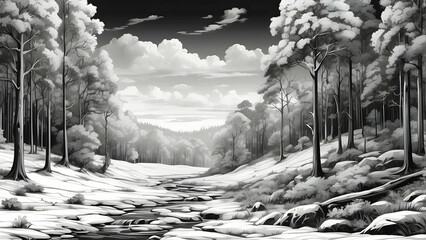 This is an artistic black and white illustration of a serene winter forest landscape with a river