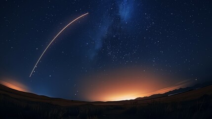 Poster - A starry night sky with a rocket flying through it, military missile