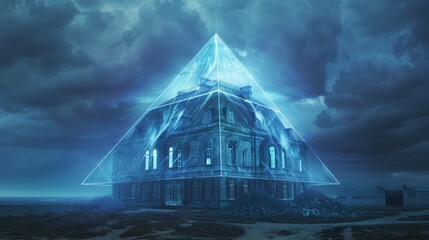 Wall Mural - A blue pyramid is in front of a building with a cloudy sky in the background, transparent pyramid in mysticism concept