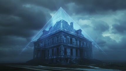 A house with a pyramid on top of it, transparent pyramid in mysticism concept