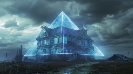 Poster - A house with a pyramid on top of it, transparent pyramid in mysticism concept