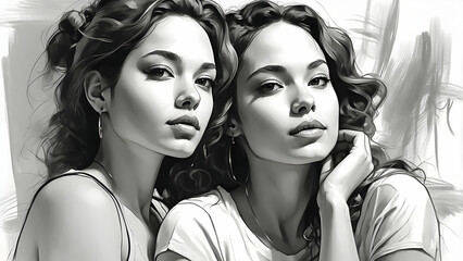 Two women with distinctive facial expressions rendered in black and white, showcasing their beauty