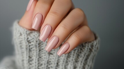 Poster - Closeup to woman hands with elegant neutral colors manicure. Beautiful pale pink gel polish manicure on long square nails on neutral gray background