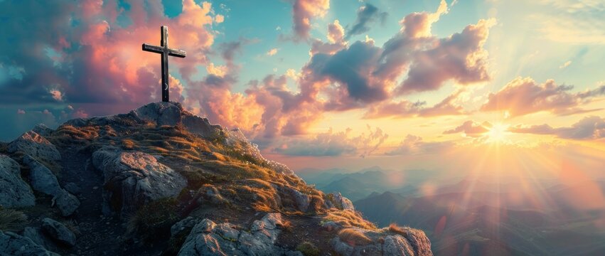 Jesus cross on top of a majestic mountain during a breathtaking sunset for spiritual travelers