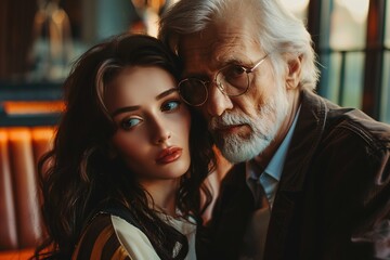 Canvas Print - Senior man dating young woman, exploring love and age gap relationships, sugar daddy and trophy wife concept